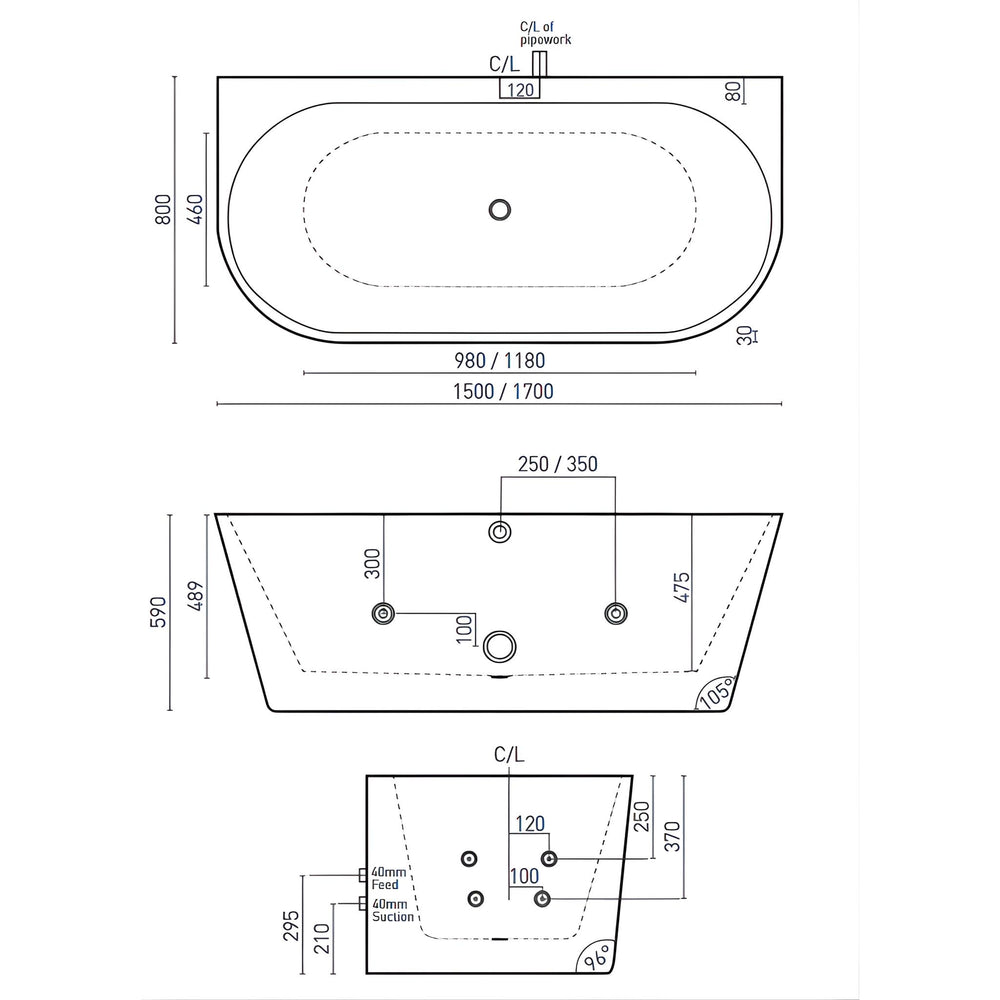 DECINA ALEGRA CONTOUR BACK-TO-WALL FREESTANDING SPA BATHTUB GLOSS WHITE (AVAILABLE IN 1500MM AND 1700MM) WITH 12-JETS