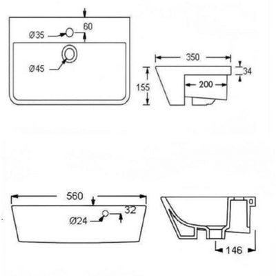 TURNER HASTINGS AGRES SEMI RECESSED BASIN GLOSS WHITE 560MM