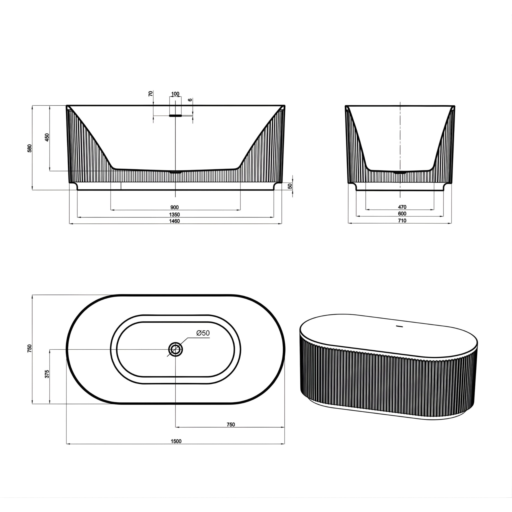 ATTICA HAVANA FLUTED FREESTANDING BATHTUB WITH INTEGRATED OVERFLOW GLOSS WHITE (AVAILABLE IN 1500MM AND 1700MM)