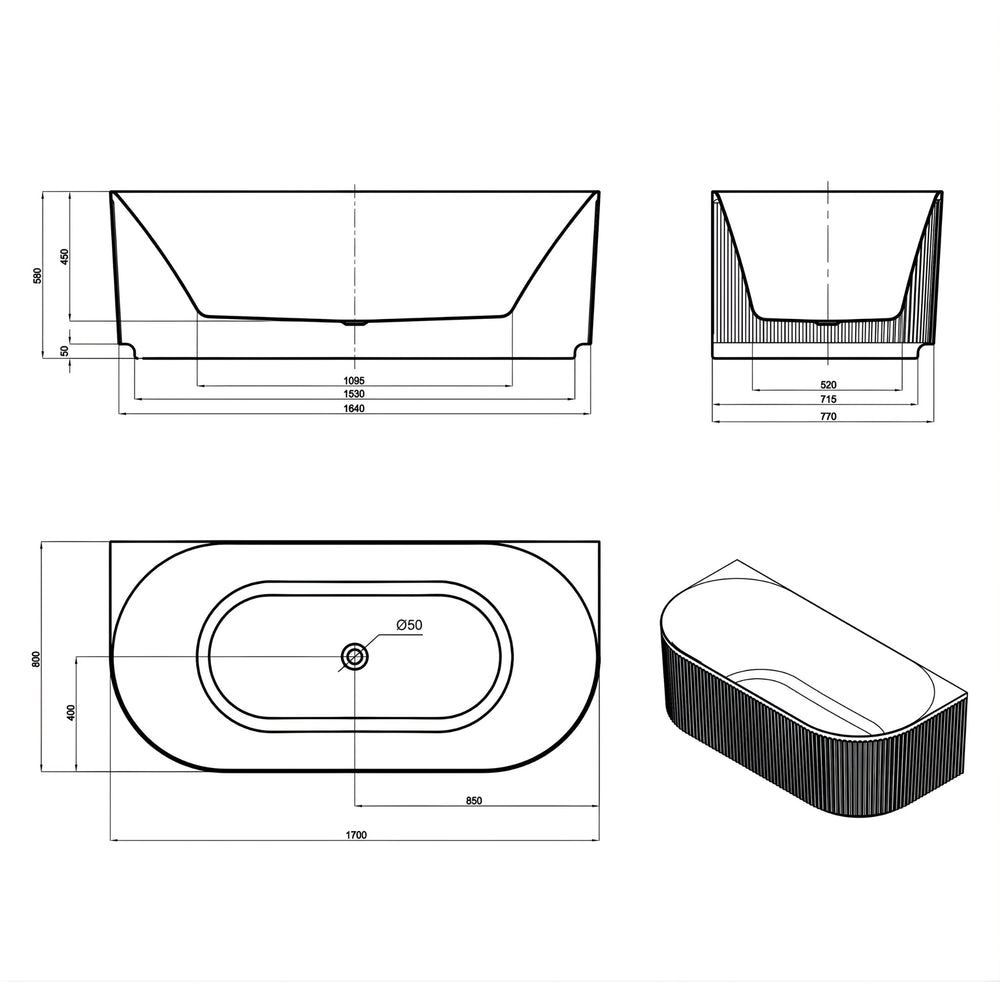 ATTICA HAVANA FLUTED MULTI-FIT BATHTUB WITH INTEGRATED OVERFLOW MATTE WHITE (AVAILABLE IN 1500MM AND 1700MM)