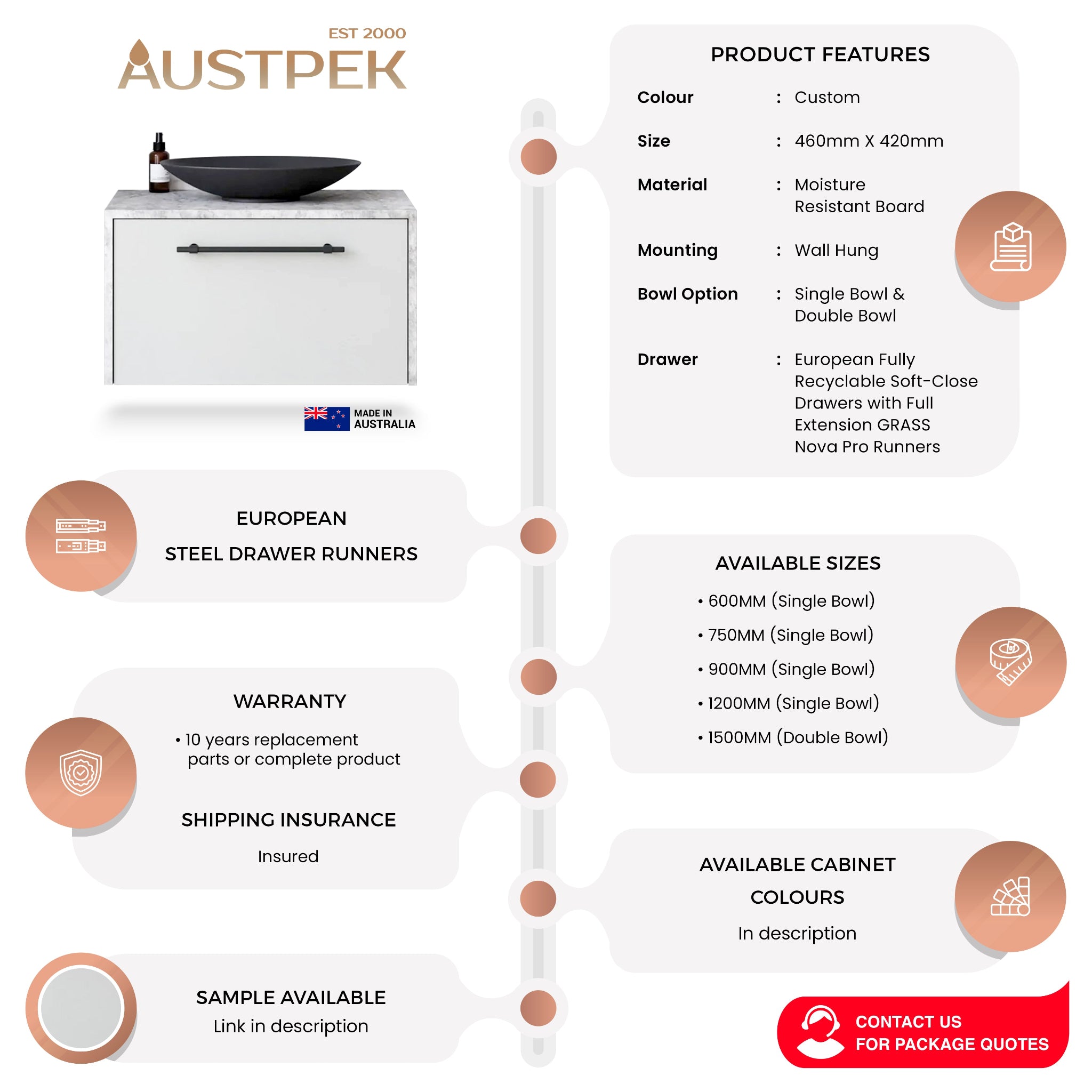 TIMBERLINE AINSWORTH CUSTOM WALL HUNG VANITY (ALL SIZING)