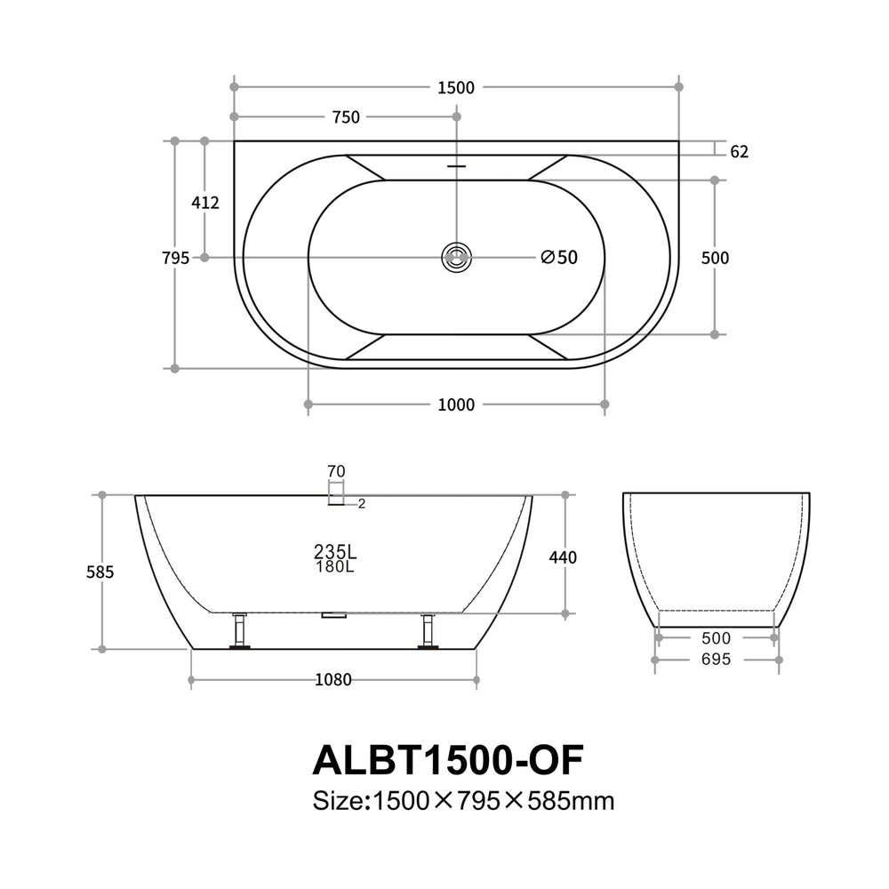 VITO ATLANTIC BACK-TO-WALL BATHTUB WITH OVERFLOW GLOSS WHITE (AVAILABLE IN 1500MM AND 1700MM)