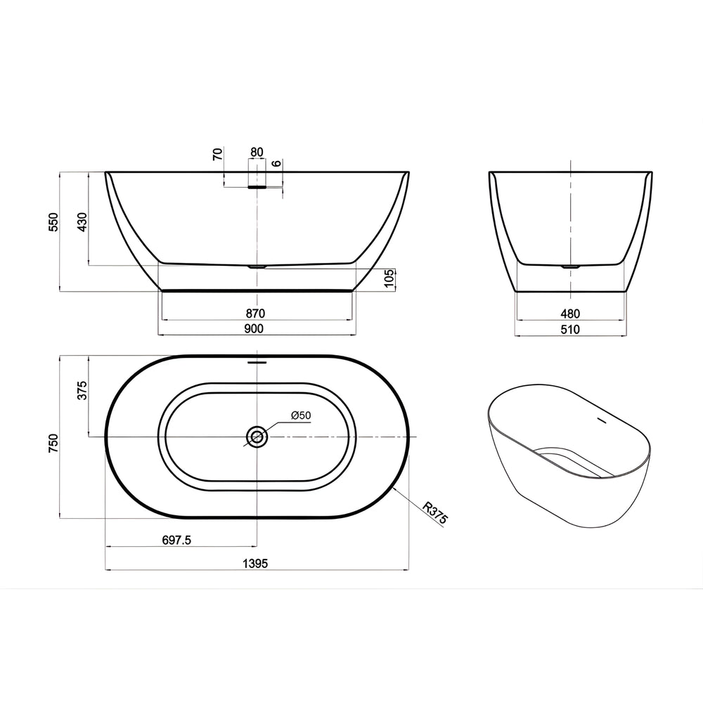 ATTICA MANOLO FREESTANDING BATHTUB WITH OVERFLOW GLOSS WHITE (AVAILABLE IN MULTIPLE SIZES)