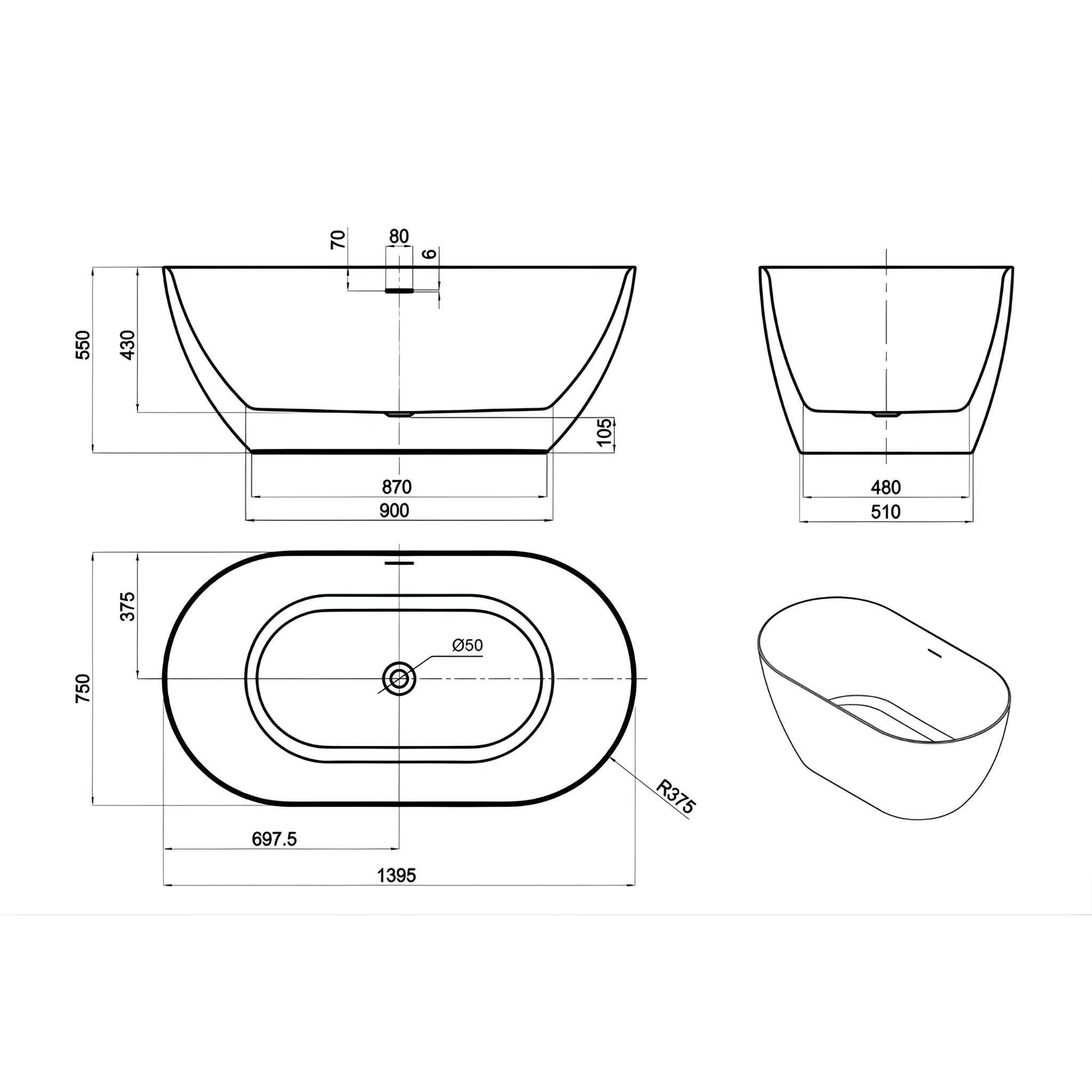ATTICA MANOLO FREESTANDING BATHTUB WITH OVERFLOW GLOSS WHITE (AVAILABLE IN MULTIPLE SIZES)
