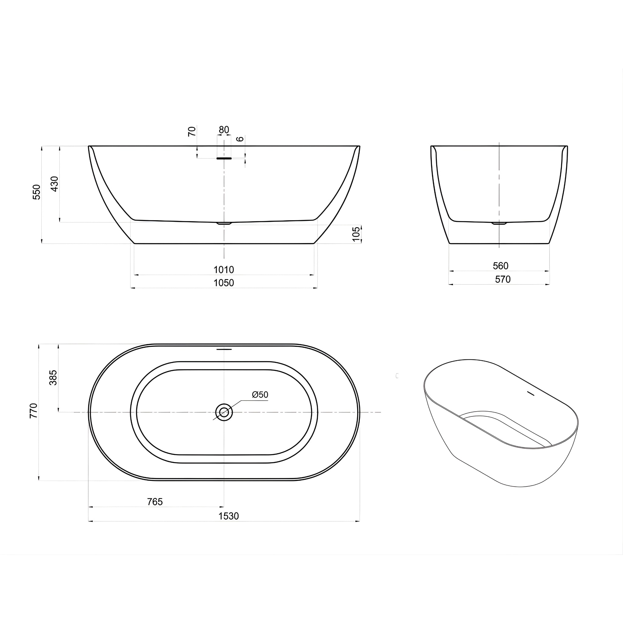 ATTICA MANOLO FREESTANDING BATHTUB WITH OVERFLOW MATTE WHITE (AVAILABLE IN 1500MM AND 1700MM)