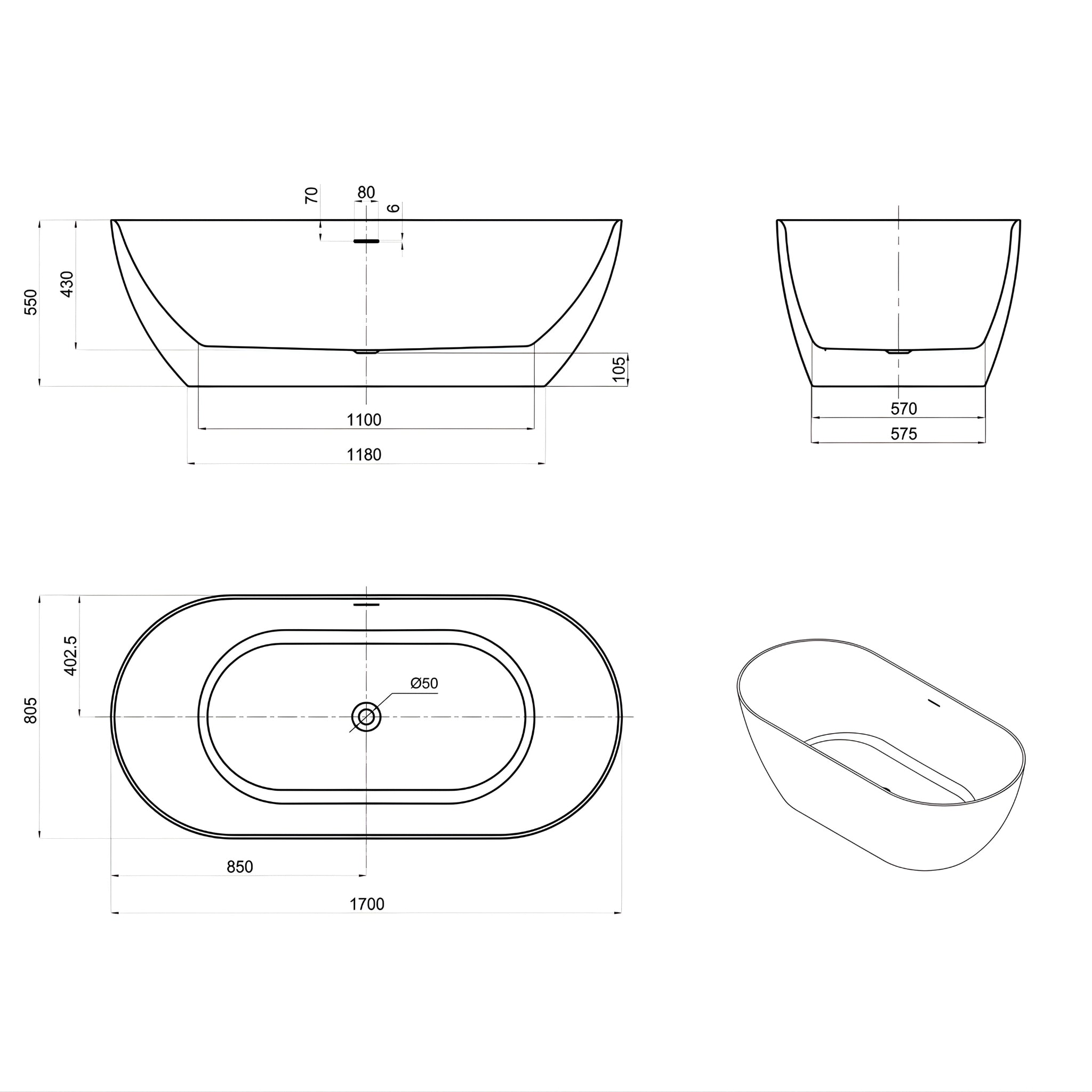 ATTICA MANOLO FREE STANDING OVERFLOW BATHTUB GLOSS WHITE (AVAILABLE IN 1500MM AND 1700MM)