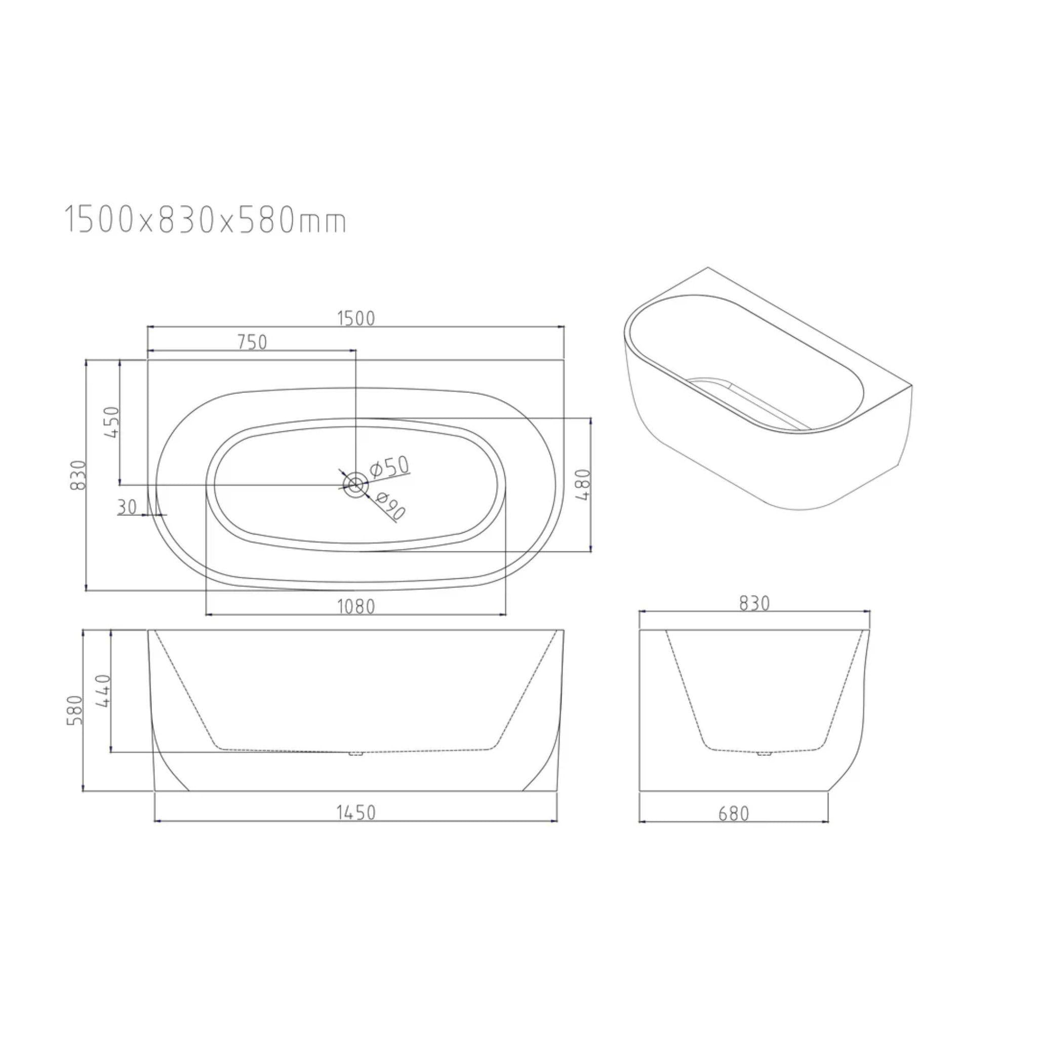 MERCIO ANNA BACK TO WALL BATHTUB GLOSS WHITE (AVAILABLE IN 1500MM AND 1700MM)