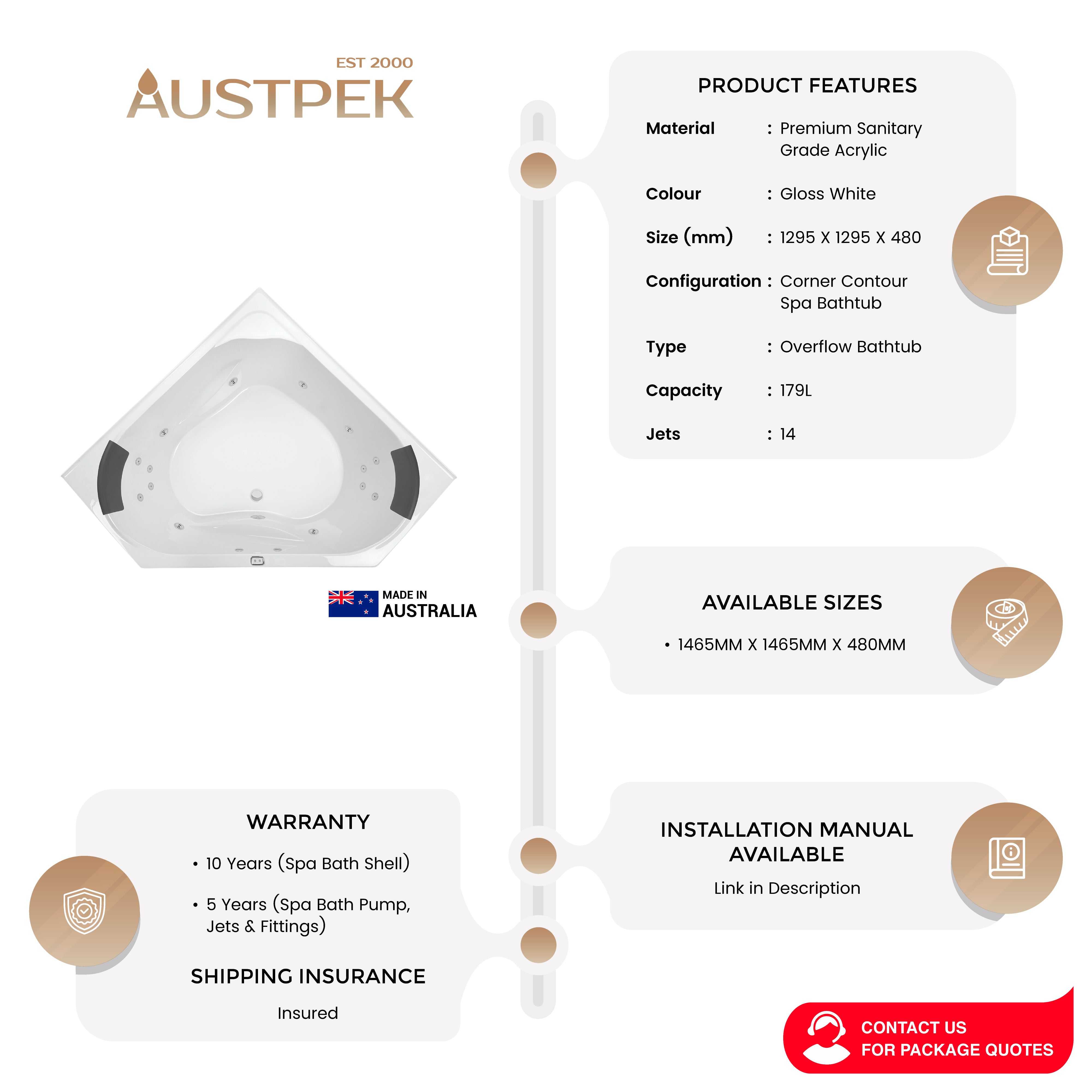 DECINA ANGELIQUE CORNER CONTOUR SPA BATH GLOSS WHITE (AVAILABLE IN 1295MM AND 1465MM) WITH 14-JETS