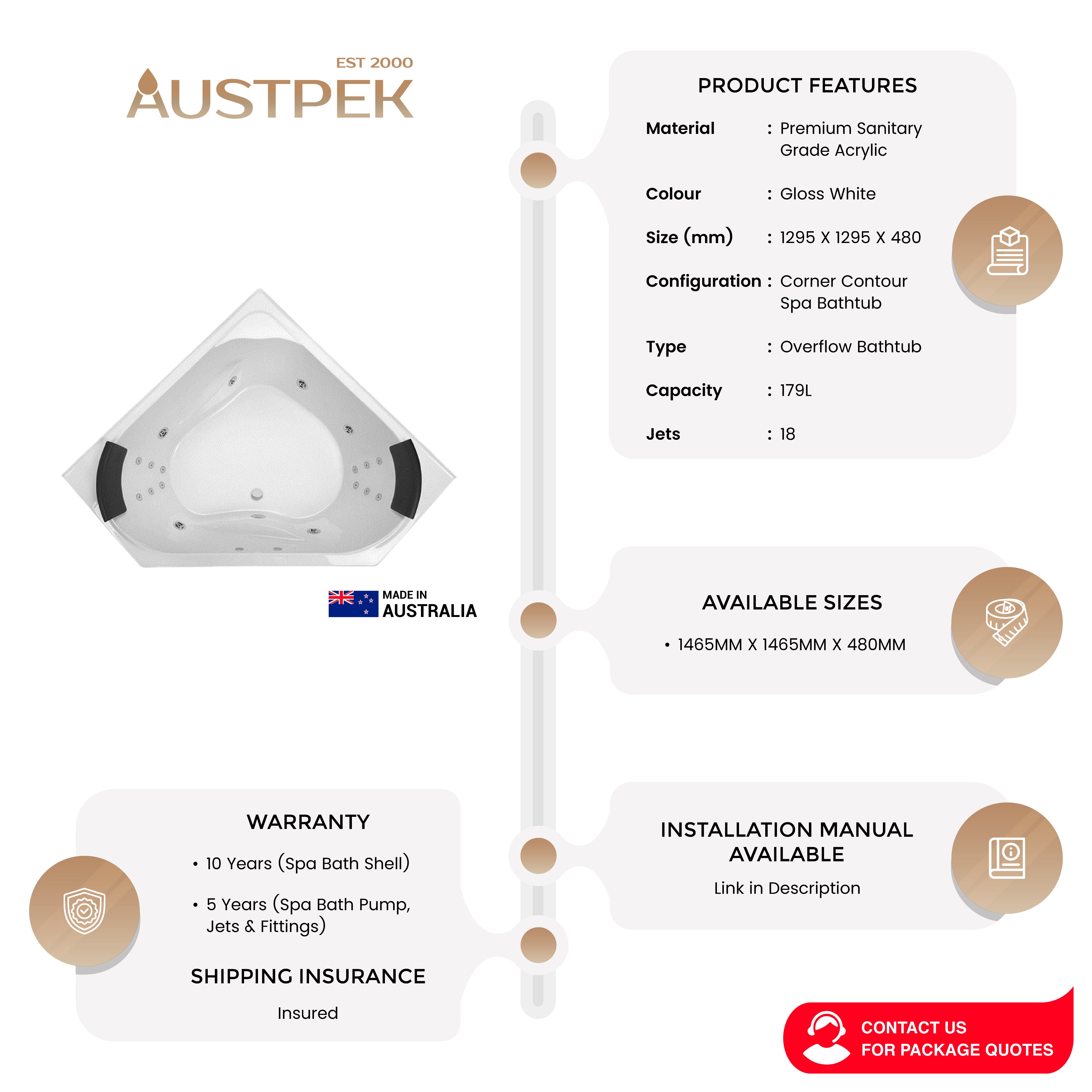 DECINA ANGELIQUE CORNER DOLCE VITA SPA BATH GLOSS WHITE (AVAILABLE IN 1295MM AND 1465MM) WITH 18-JETS