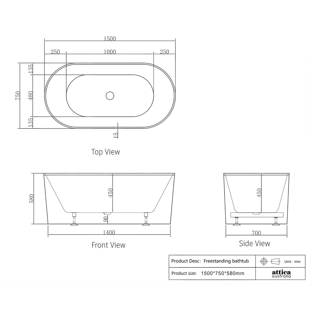 ATTICA NOOSA FREESTANDING BATHTUB WITH INTEGRATED OVERFLOW GLOSS WHITE 1500MM