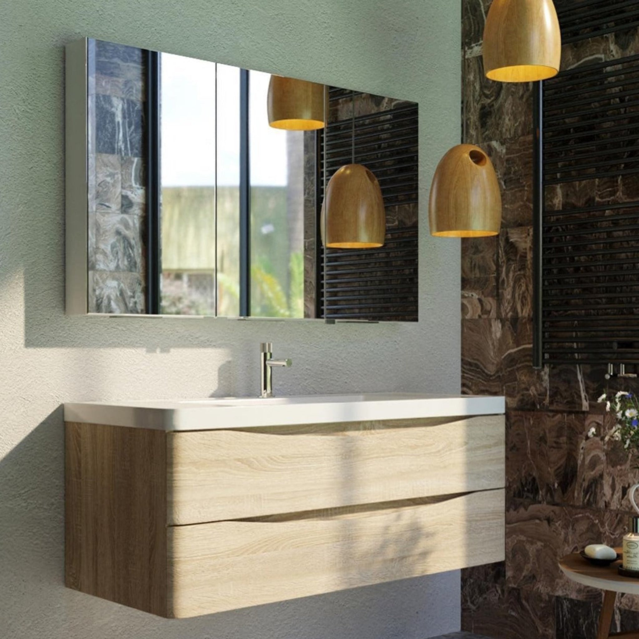 BELBAGNO ANCONA WHITE OAK 1200MM SINGLE BOWL WALL HUNG VANITY AND BASIN