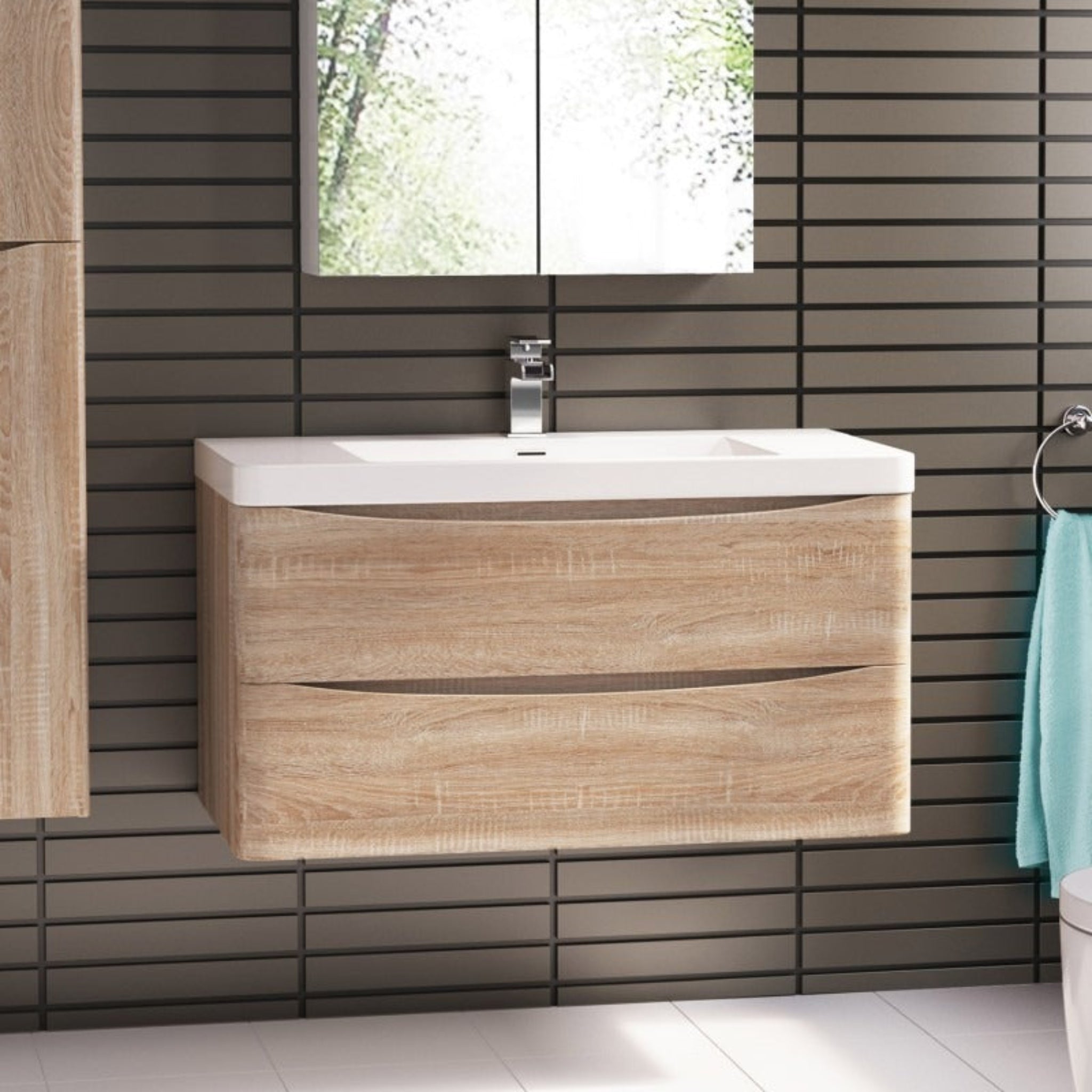 BELBAGNO ANCONA WHITE OAK 1200MM SINGLE BOWL WALL HUNG VANITY AND BASIN