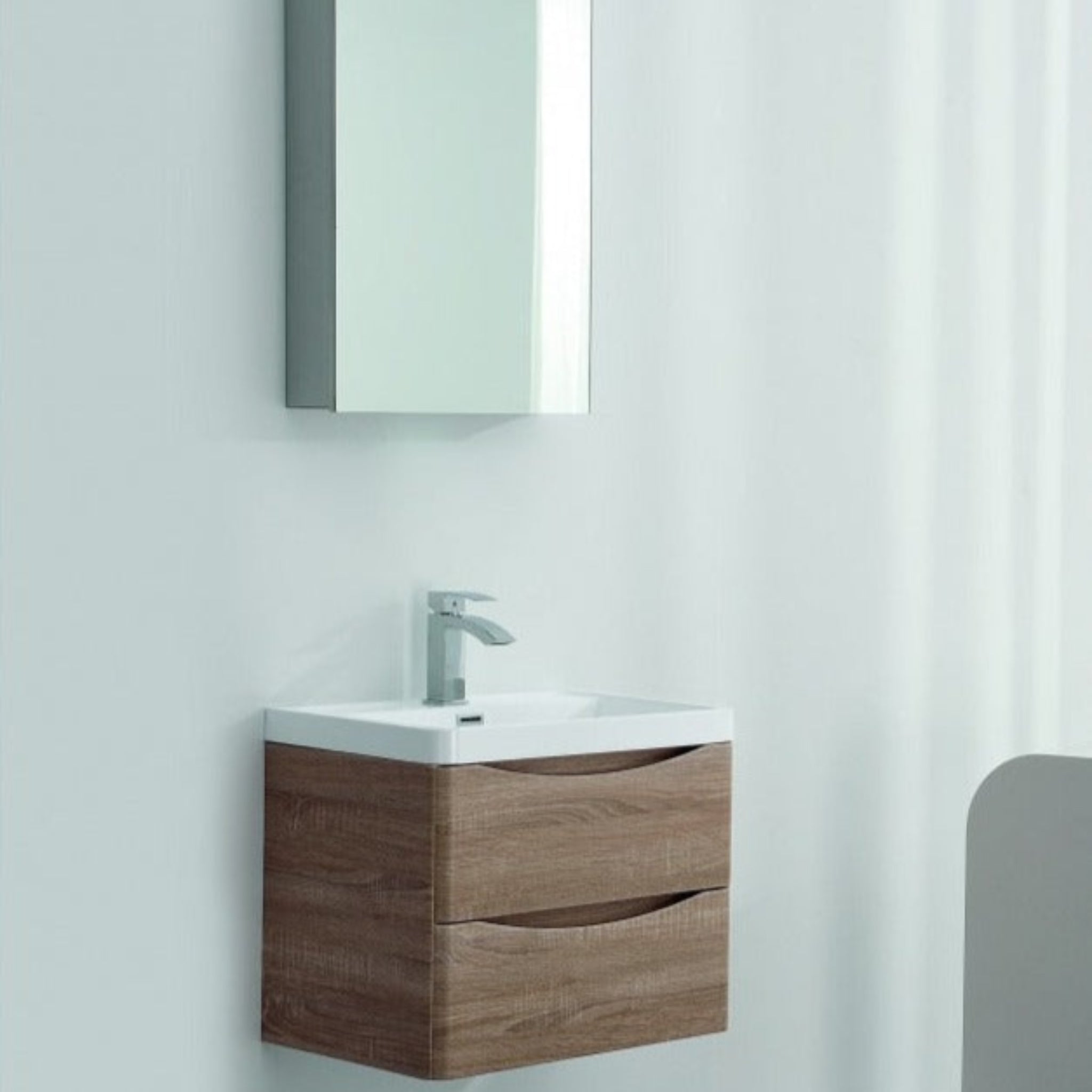 BELBAGNO ANCONA WHITE OAK 600MM SINGLE BOWL WALL HUNG VANITY AND BASIN