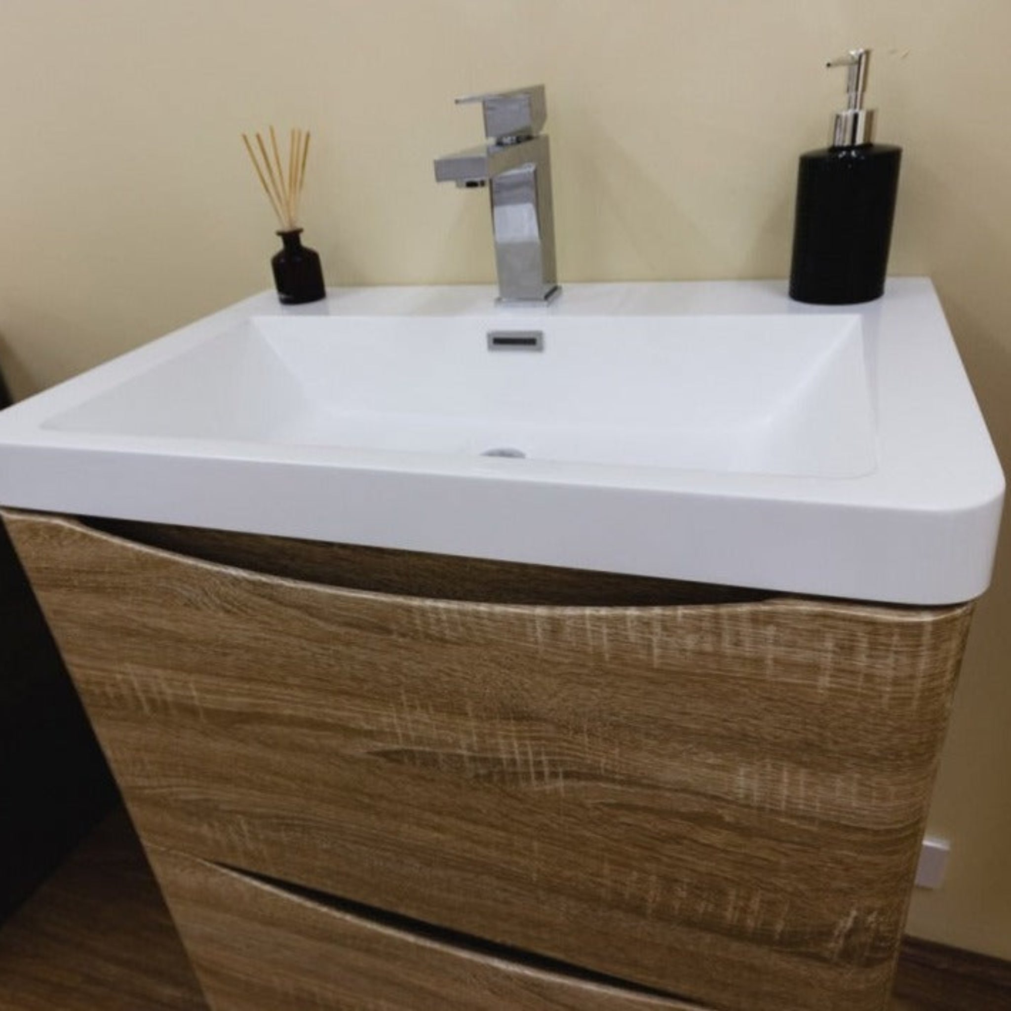 BELBAGNO ANCONA WHITE OAK 600MM SINGLE BOWL WALL HUNG VANITY AND BASIN