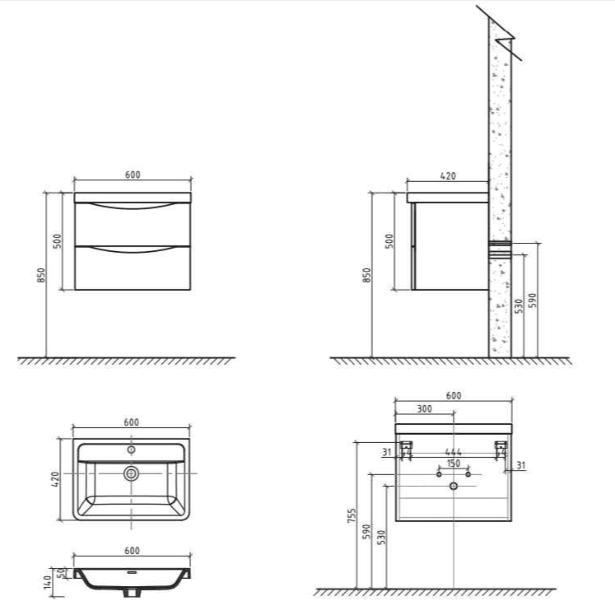 BELBAGNO ANCONA WHITE OAK 600MM SINGLE BOWL WALL HUNG VANITY AND BASIN