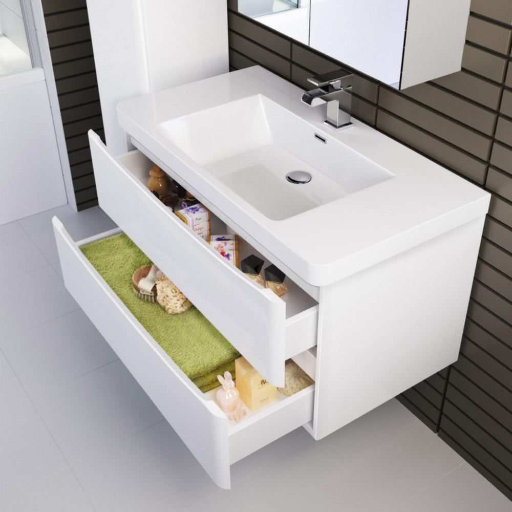 BELBAGNO ANCONA GLOSS WHITE 900MM SINGLE BOWL WALL HUNG VANITY AND BASIN