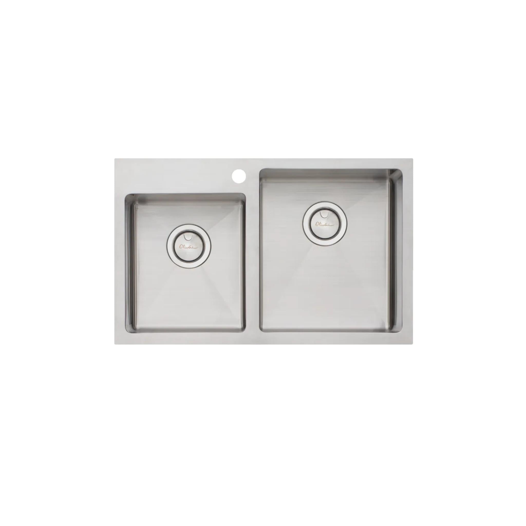 OLIVERI APOLLO 1 & 3/4 OFFSET BOWL KITCHEN SINK WITH TAPHOLE STAINLESS STEEL 750MM