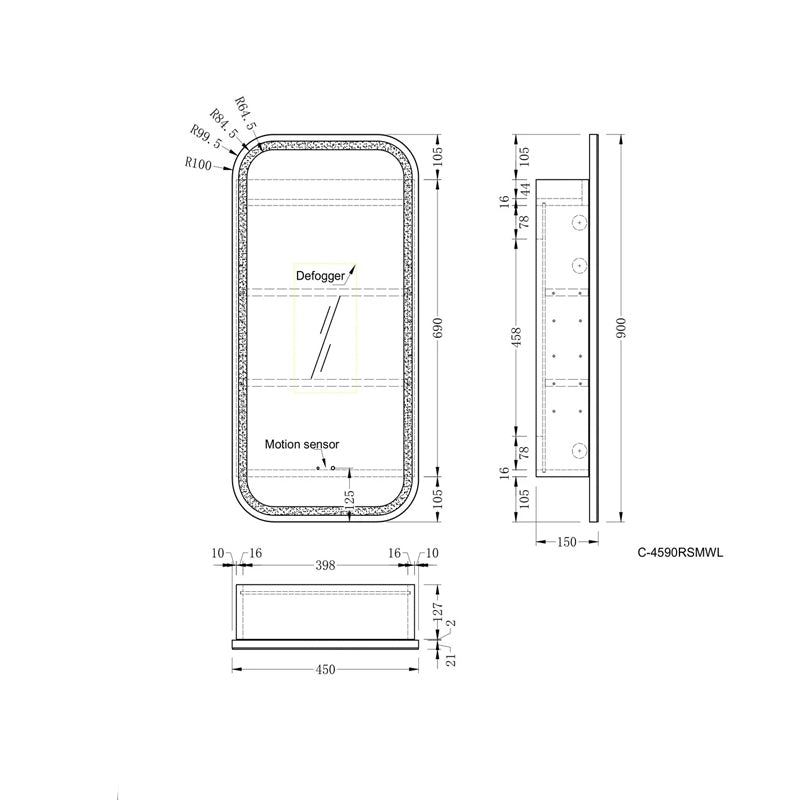 AQUAPERLA CARYSIL EARLS MATTE WHITE SQUIRCLE LED SHAVING CABINET 450X900MM