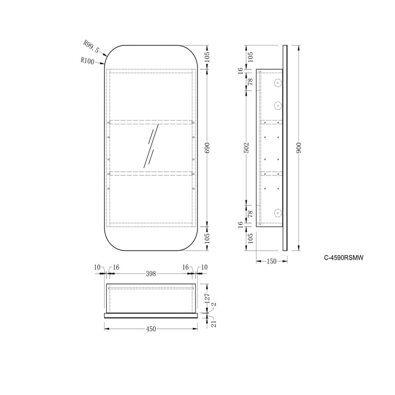 AQUAPERLA CARYSIL EARLS MATTE WHITE SQUIRCLE SHAVING CABINET 450X900MM