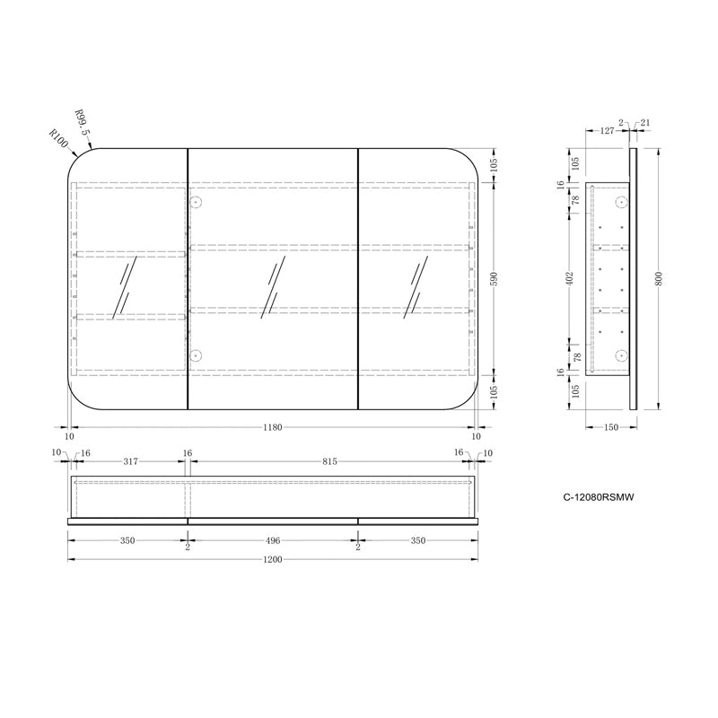 AQUAPERLA CARYSIL GRAND MATTE WHITE SHAVING CABINET 1200X800MM