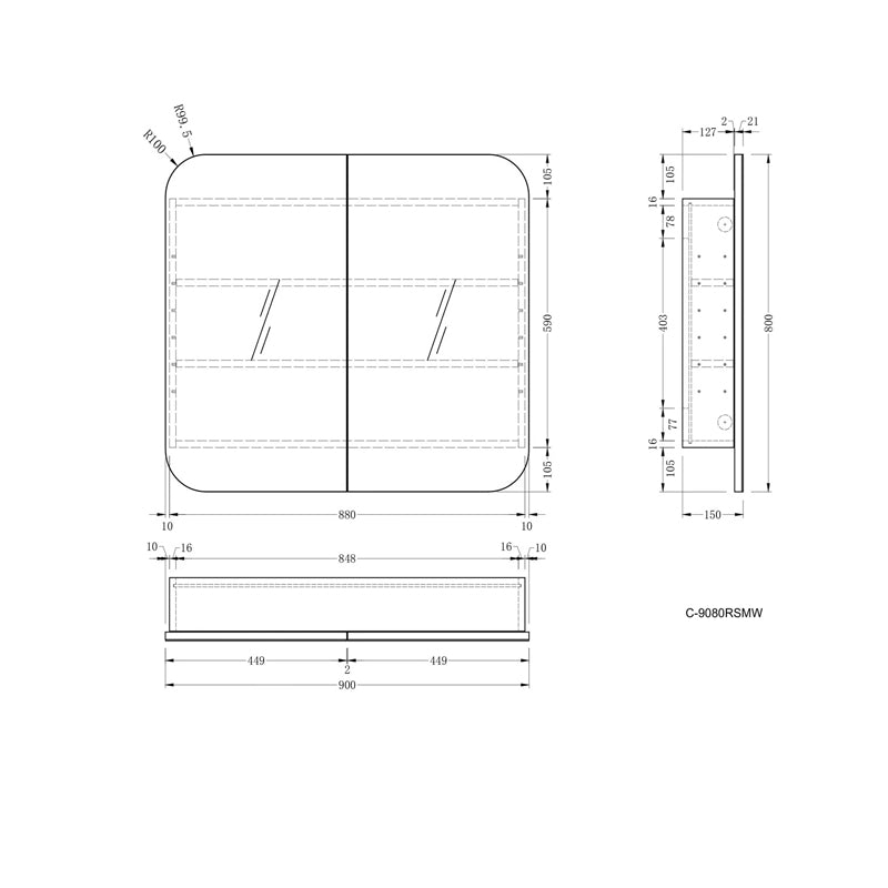 AQUAPERLA CARYSIL GRAND MATTE WHITE SHAVING CABINET 900X800MM