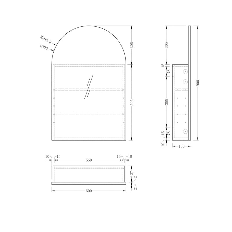 AQUAPERLA CARYSIL IMPERIAL WALNUT ARCH SHAVING CABINET 600X900MM