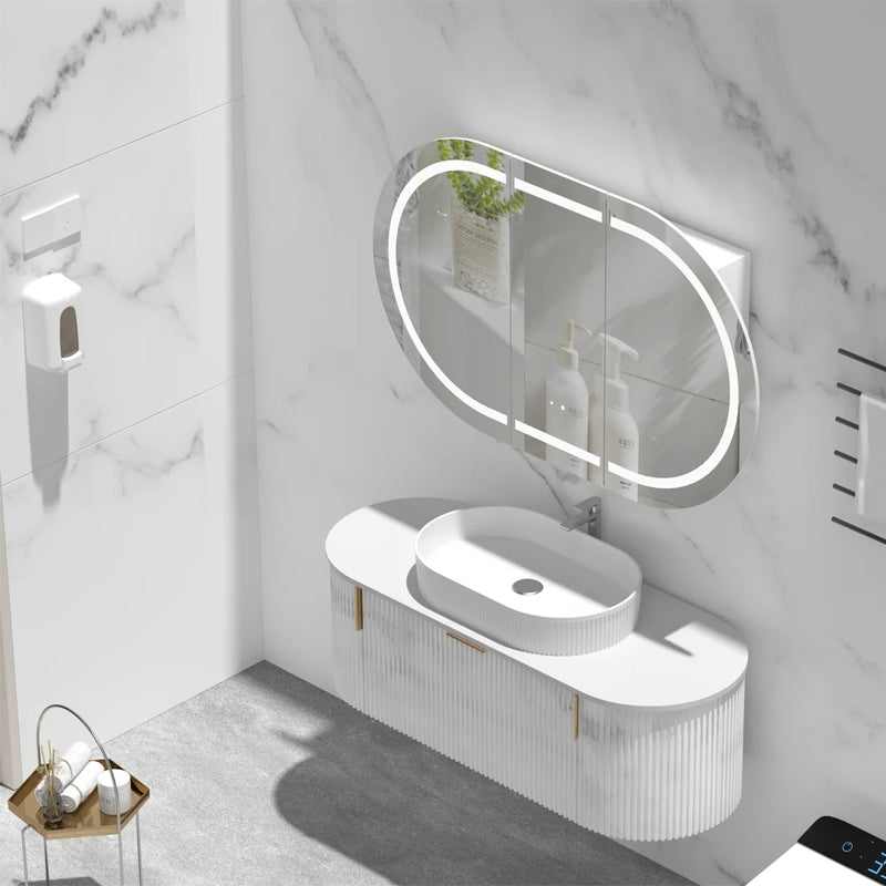 AQUAPERLA CARYSIL MYSTIC MATTE WHITE OVAL LED SHAVING CABINET 1200X750MM