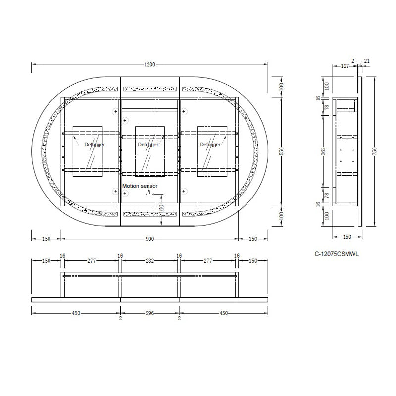 AQUAPERLA CARYSIL MYSTIC MATTE WHITE OVAL LED SHAVING CABINET 1200X750MM