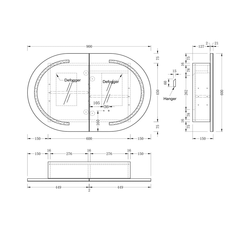 AQUAPERLA CARYSIL MYSTIC MATTE WHITE OVAL LED SHAVING CABINET 900X600MM