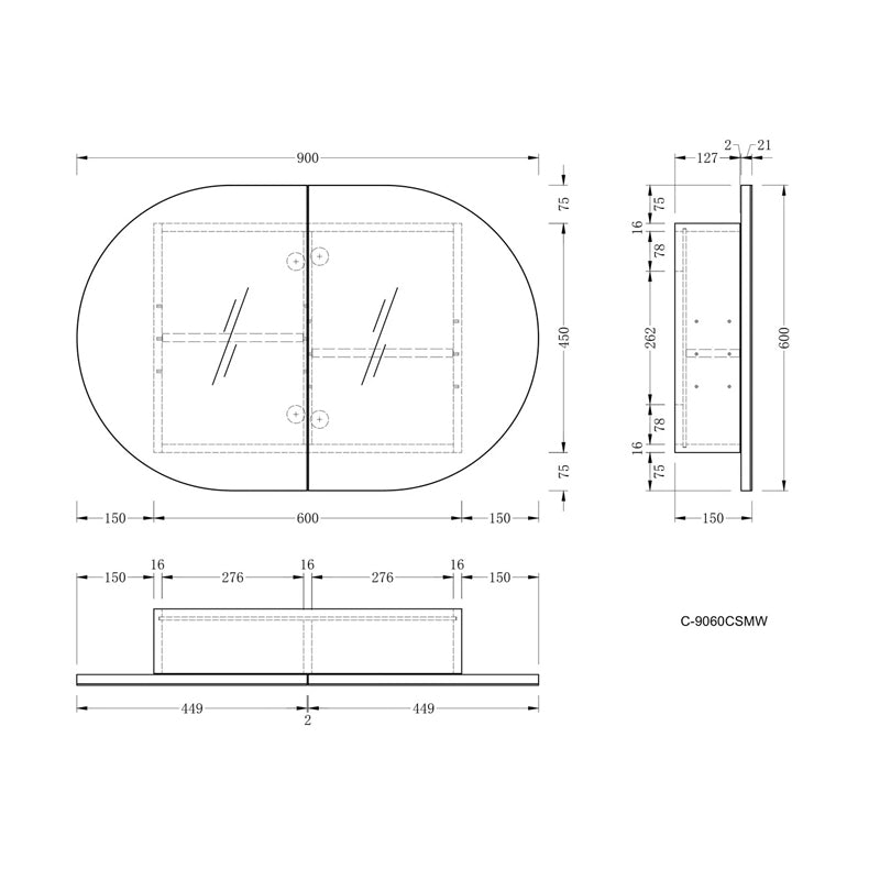 AQUAPERLA CARYSIL MYSTIC MATTE WHITE OVAL SHAVING CABINET 900X600MM