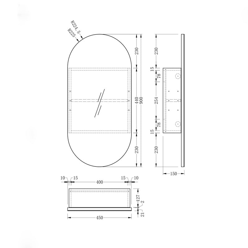 AQUAPERLA CARYSIL NOBLE MATTE WHITE OVAL SHAVING CABINET 450X900MM
