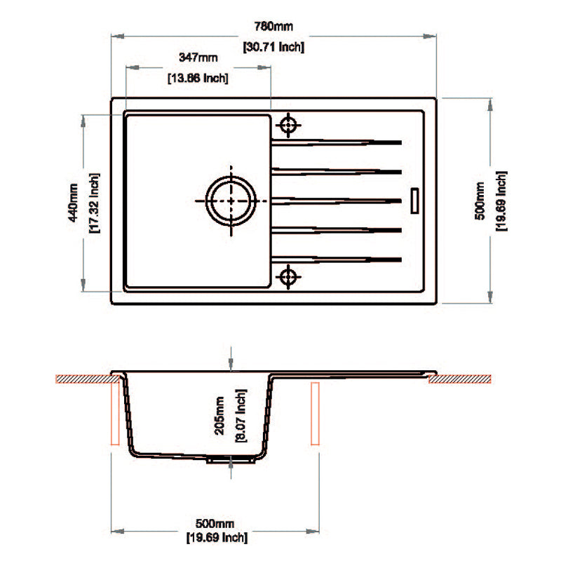 AQUAPERLA CARYSIL VIVALDI SINGLE BOWL GRANITE KITCHEN SINK WITH DRAIN BOARD BLACK 780MM