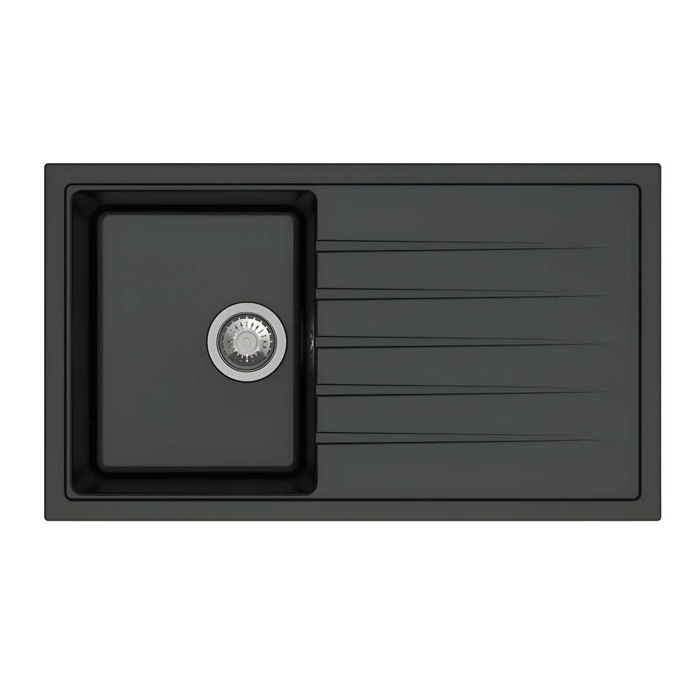 AQUAPERLA VIVALDI SINGLE BOWL GRANITE KITCHEN SINK WITH DRAIN BOARD BLACK 780MM