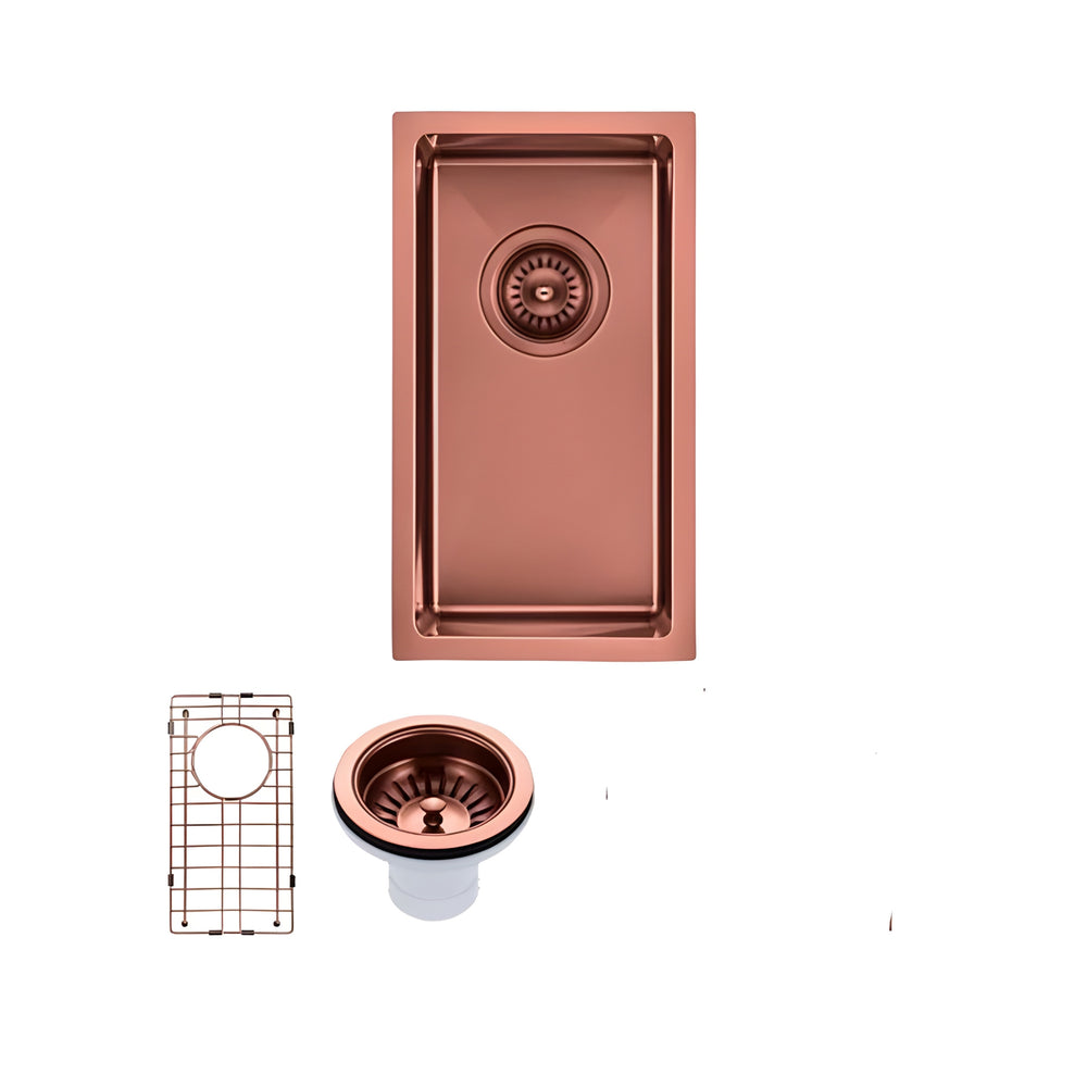 AQUAPERLA PVD COATING STAINLESS STEEL SINGLE BOWL KITCHEN SINK WITH BOTTOM GRID COPPER 250MM