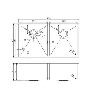 AQUAPERLA PVD STAINLESS STEEL DOUBLE BOWL KITCHEN SINK COPPER 820MM