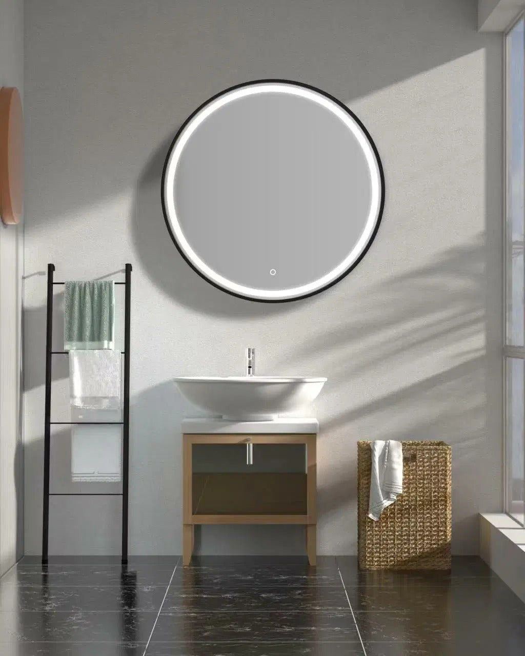AQUAPERLA ROUND FRAMED LED MIRROR 3 COLOUR LIGHTS BLACK 900MM