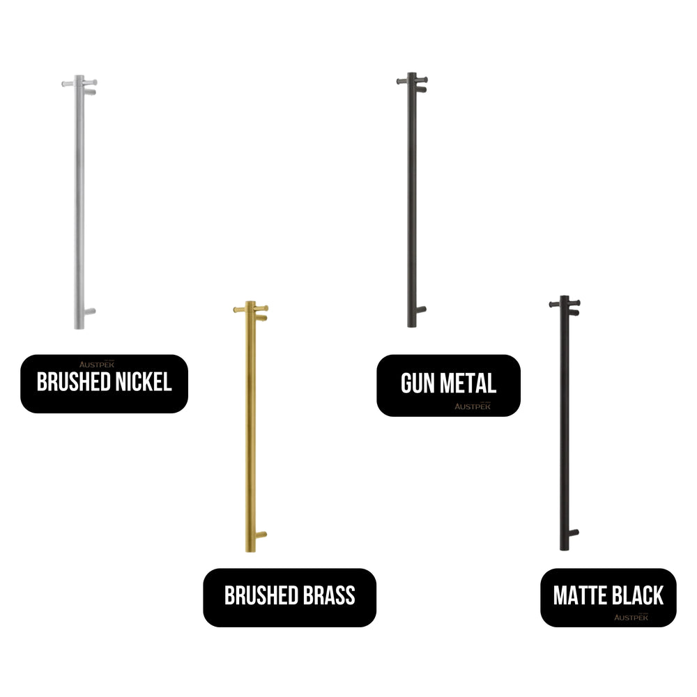 NORICO ROUND VERTICAL HEATED SINGLE BAR TOWEL RACK BRUSHED NICKEL 950MM