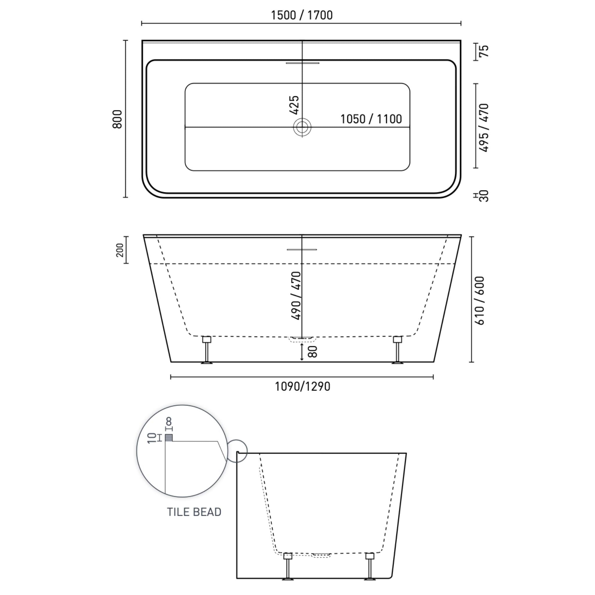 DECINA ARIA BACK-TO-WALL FREESTANDING BATH WITH INTEGRATED OVERFLOW GLOSS WHITE (AVAILABLE IN 1500MM AND 1700MM)