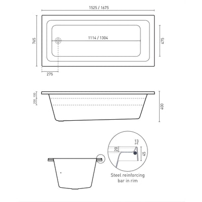 DECINA ARIA INSET BATH GLOSS WHITE (AVAILABLE IN 1525MM AND 1675MM)
