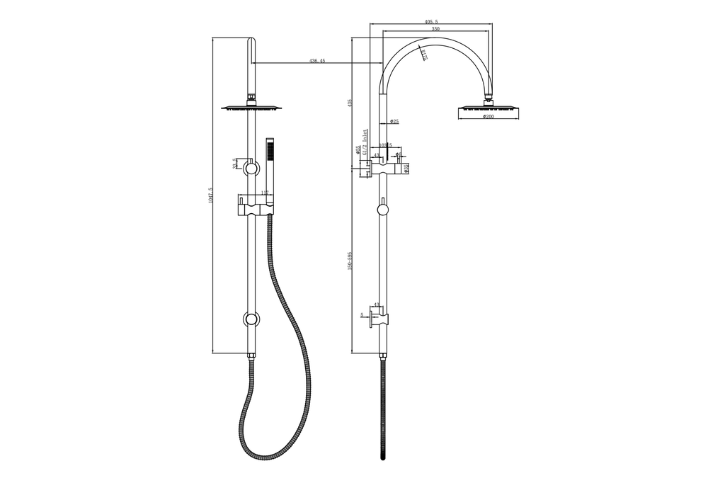 LINSOL ARCHIE SHOWER COMBINATION 200MM ROUND HEAD TECHNICAL DRAWING