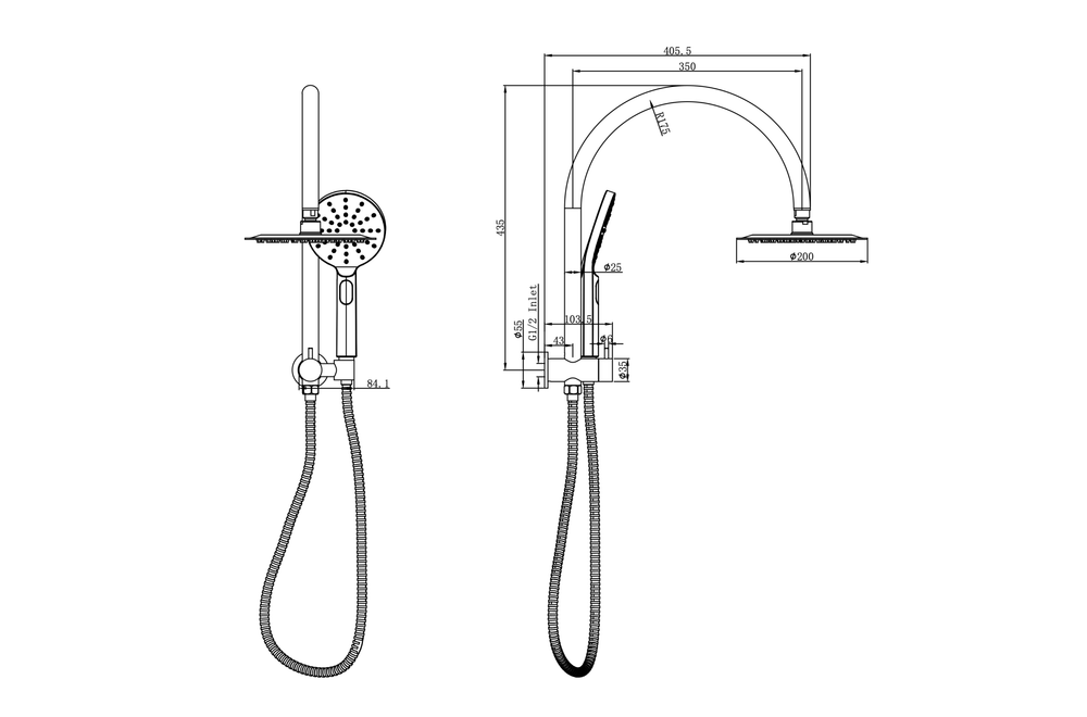 Linsol Archie Short Shower Combination Multifunction 200mm dimensions