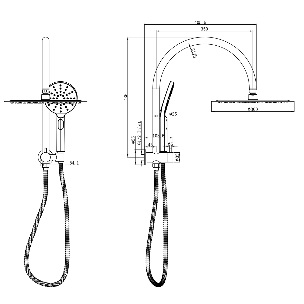 Linsol Archie Short Shower Combination Multifunction 300mm dimensions