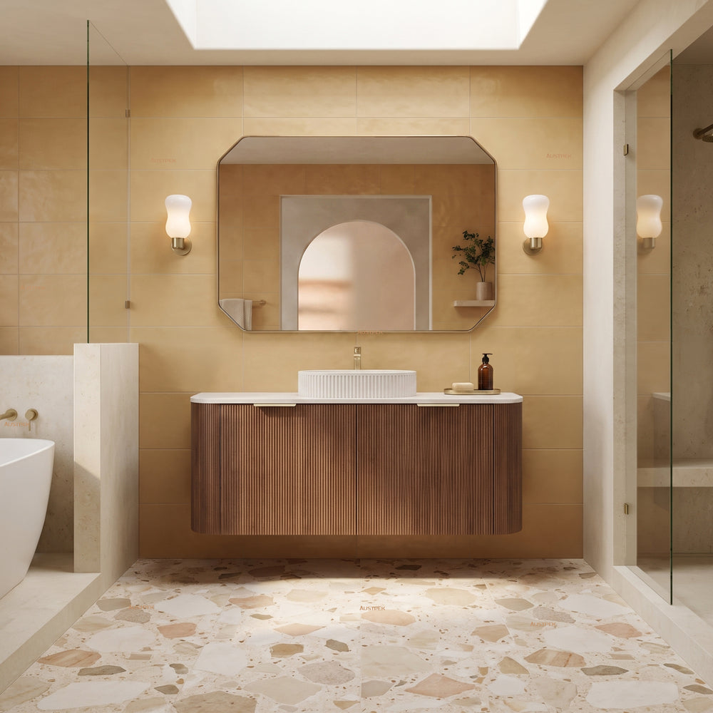 VITO ARDEN-S PRIME OAK 1200MM FLUTED CURVED SINGLE BOWL WALL HUNG VANITY