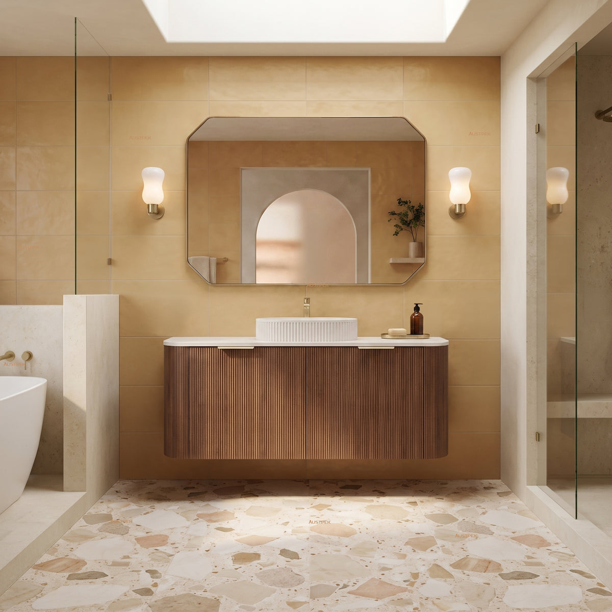 VITO ARDEN-S PRIME OAK 1200MM FLUTED CURVED SINGLE BOWL WALL HUNG VANITY