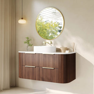 VITO ARDEN-D WALNUT 1200MM FLUTED CURVED SINGLE BOWL WALL HUNG VANITY