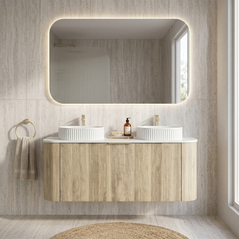 VITO ARDEN-S CLASSIC OAK 1200MM FLUTED CURVED DOUBLE BOWL WALL HUNG VANITY