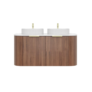 VITO ARDEN-S PRIME OAK 1200MM FLUTED CURVED DOUBLE BOWL WALL HUNG VANITY