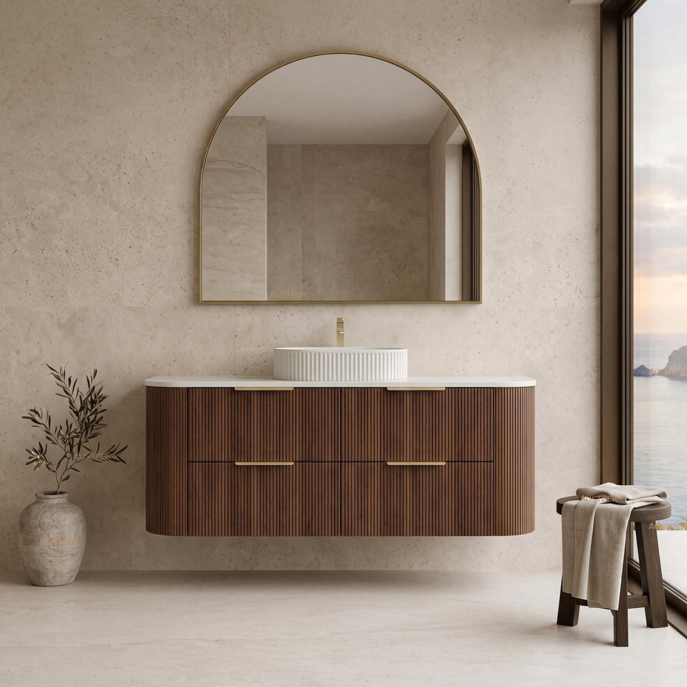 VITO ARDEN-D WALNUT 1500MM FLUTED CURVED SINGLE BOWL WALL HUNG VANITY