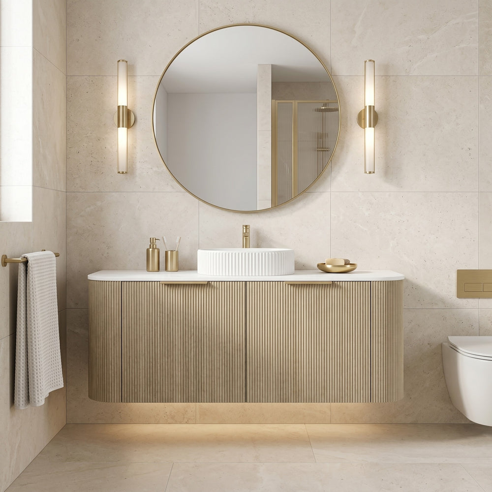 VITO ARDEN-S CLASSIC OAK 1500MM FLUTED CURVED SINGLE BOWL WALL HUNG VANITY