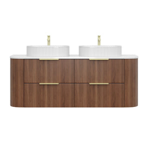 VITO ARDEN-D PRIME OAK 1500MM FLUTED CURVED DOUBLE BOWL WALL HUNG VANITY